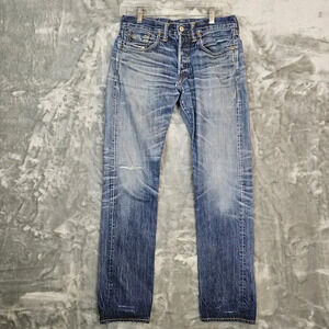 Double RRL Jeans Mens 29 Blue Medium Wash Distressed Straight Slim Selvedge